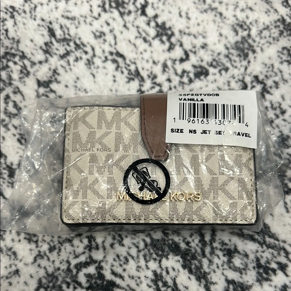 Michael Kors Cream and Brown Logo Card Case Wallet